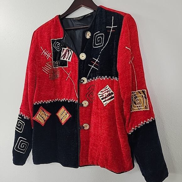 Alex Kim Women’s Medium Cardigan Jacket Red Black Velour Look Patchwork - Picture 2 of 9